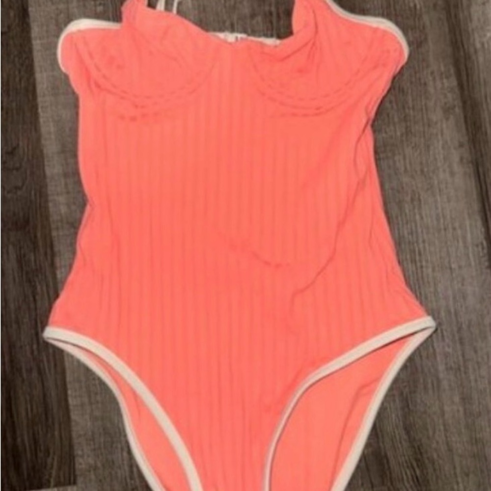 Aerie Wide Rib Underwire One Piece Swimsuit in Coral Crush  NEW - Picture 3 of 4